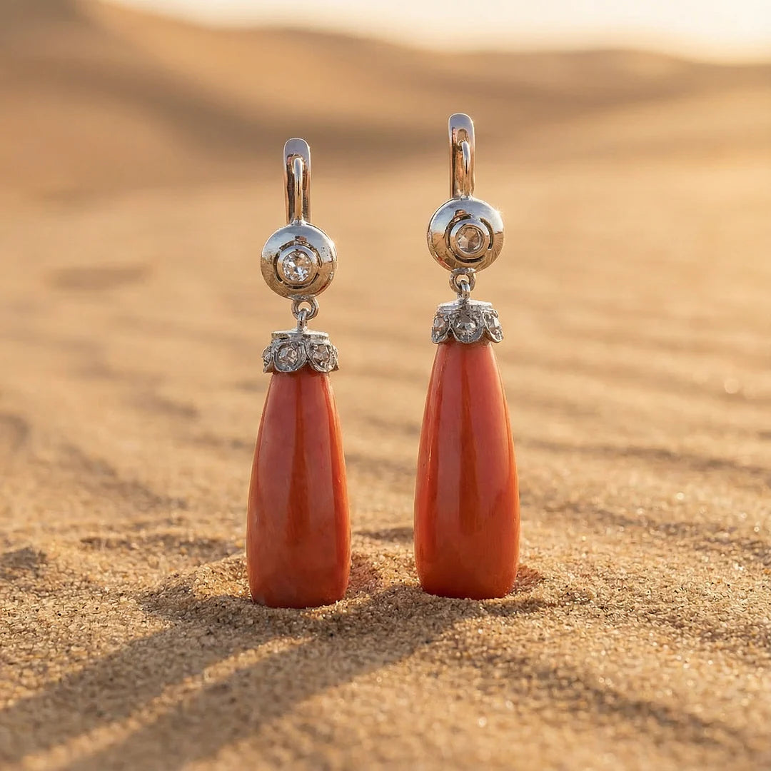 Pendientes Colgantes de Coral Antiguos Bohemios