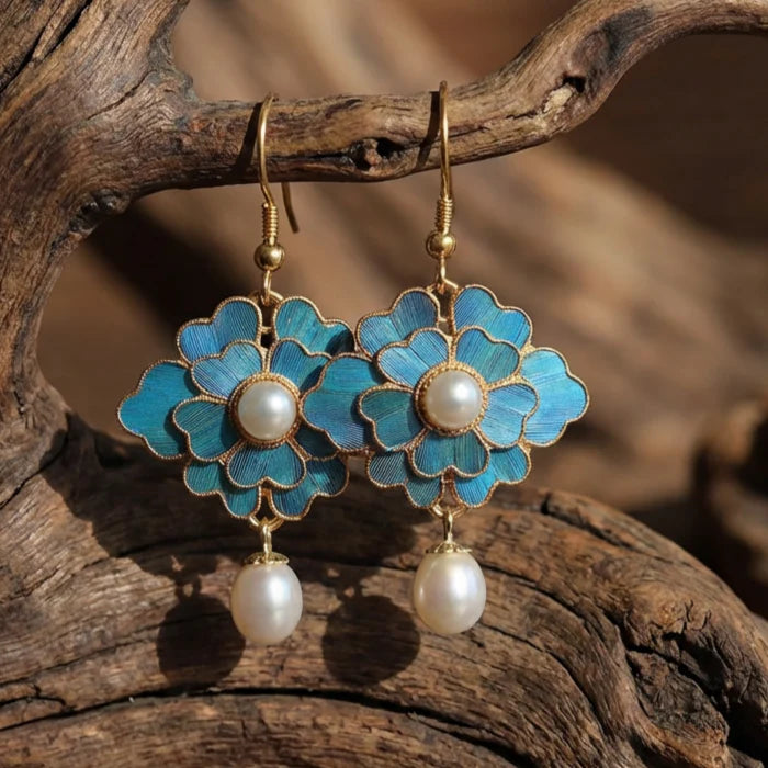 Pendientes colgantes vintage con perlas y lotos azules