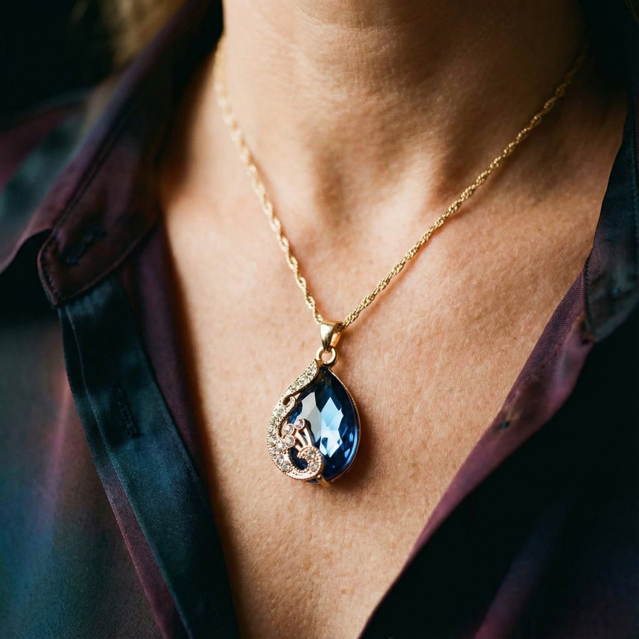 Conjunto de Collar y Pendientes en Cristal Azul con Dorado