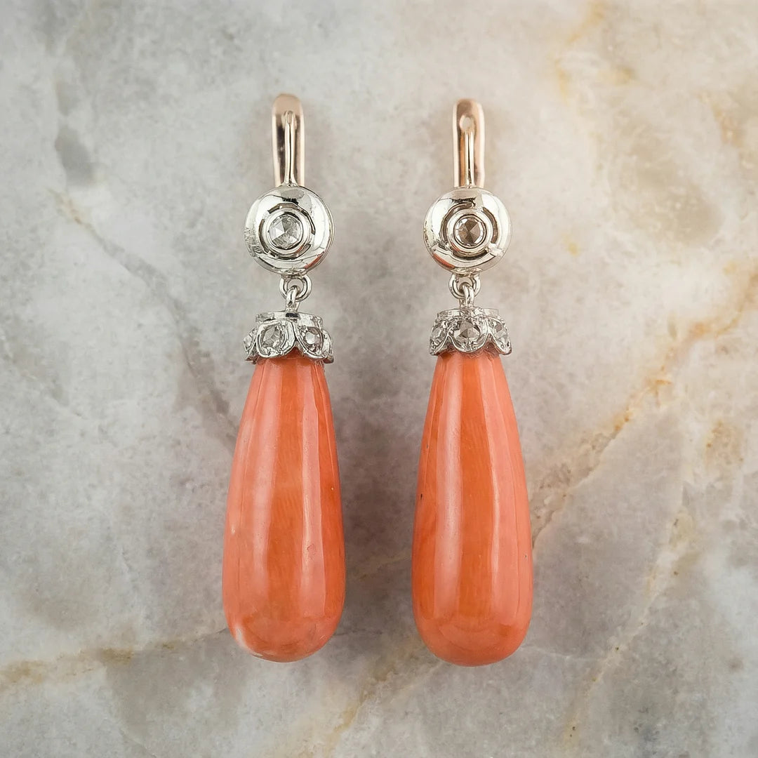 Pendientes Colgantes de Coral Antiguos Bohemios