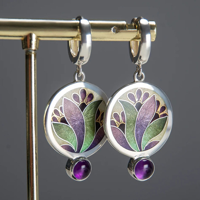 Pendientes Boho con cristales morados en plata de ley